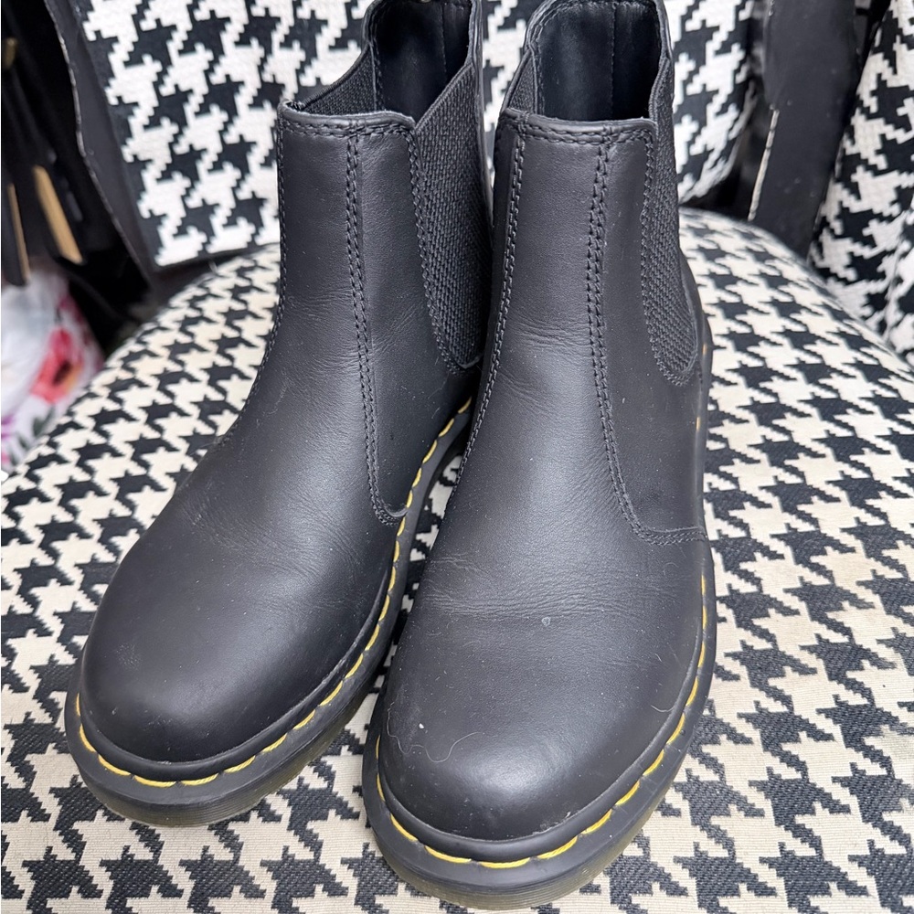 Dr. Martin Black Leather Ankle Boots with Yellow Stitching. Sz7.